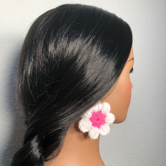 Handmade Crochet White & Hot Pink Daisy Earrings - Picture 7 of 11